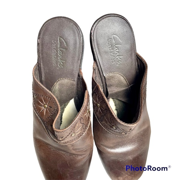 Clarks Leather Bendables Heeled Mules w/Flower detailing Brown Size 7M - Picture 5 of 9